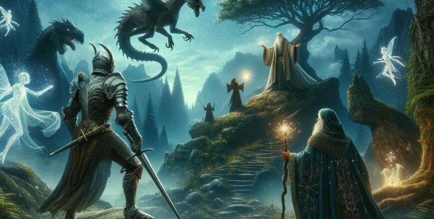 A mystical scene set in an ancient forest at twilight, where mythical creatures and legendary heroes come to life. In the foreground, a valiant knight