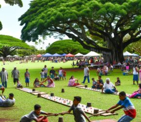 A vibrant and lively scene of people of all ages engaging in traditional sports and games in a spacious outdoor setting. The image captures a variety