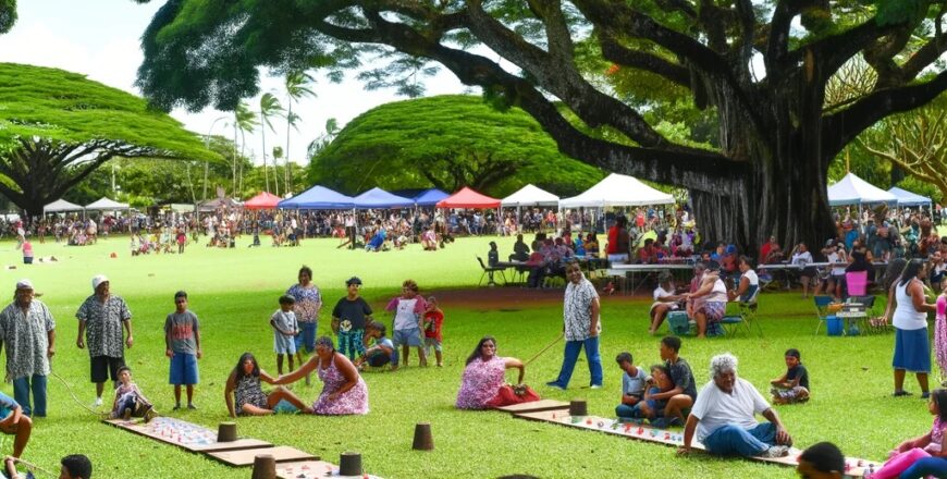 A vibrant and lively scene of people of all ages engaging in traditional sports and games in a spacious outdoor setting. The image captures a variety