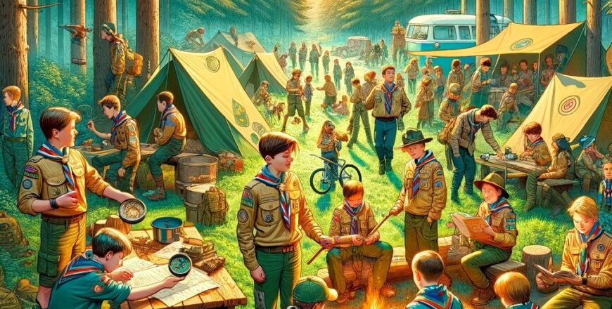 An outdoor scene filled with young scouts in uniform, participating in various scouting activities within a forest campsite. The image includes scouts