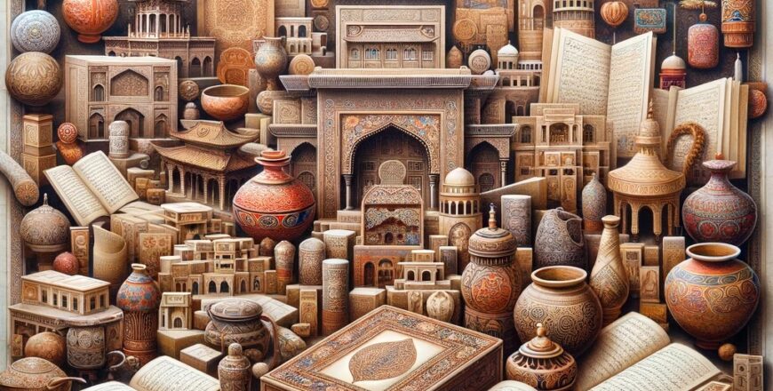 Material Cultural Heritage - An intricate scene depicting a variety of material cultural heritage items from around the world, showcasing a rich tapestry of human creativity and t