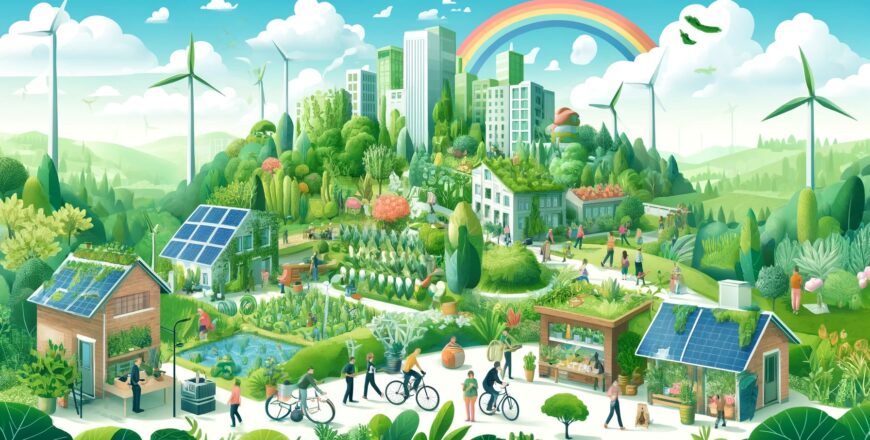 An illustration depicting sustainability, showcasing a harmonious balance between nature and human activity. The scene includes renewable energy sourc.jpg